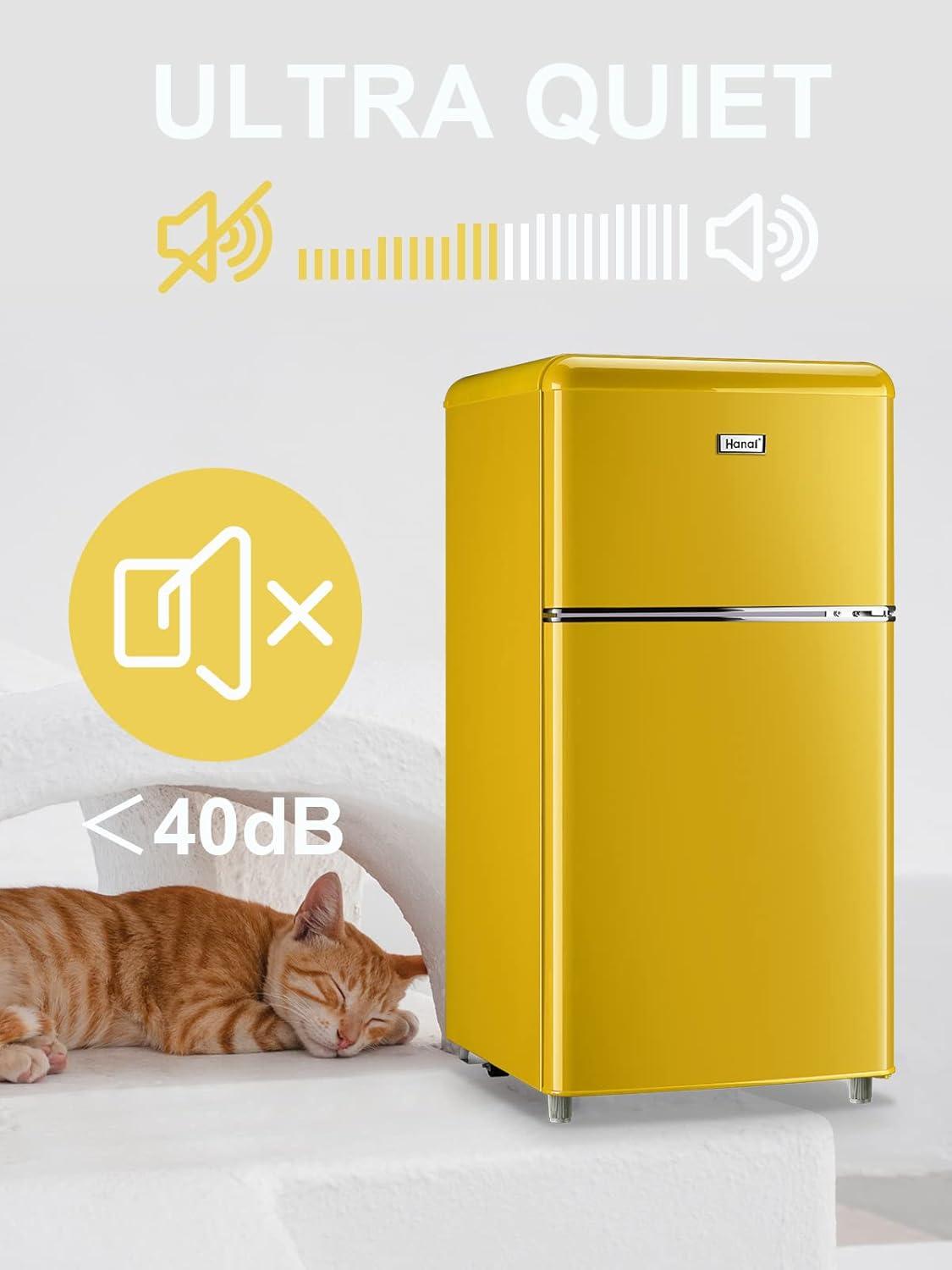 WANAI 3.2.Cu ft Two Door Mini Fridge with Freezer, A retro look,(yellow)