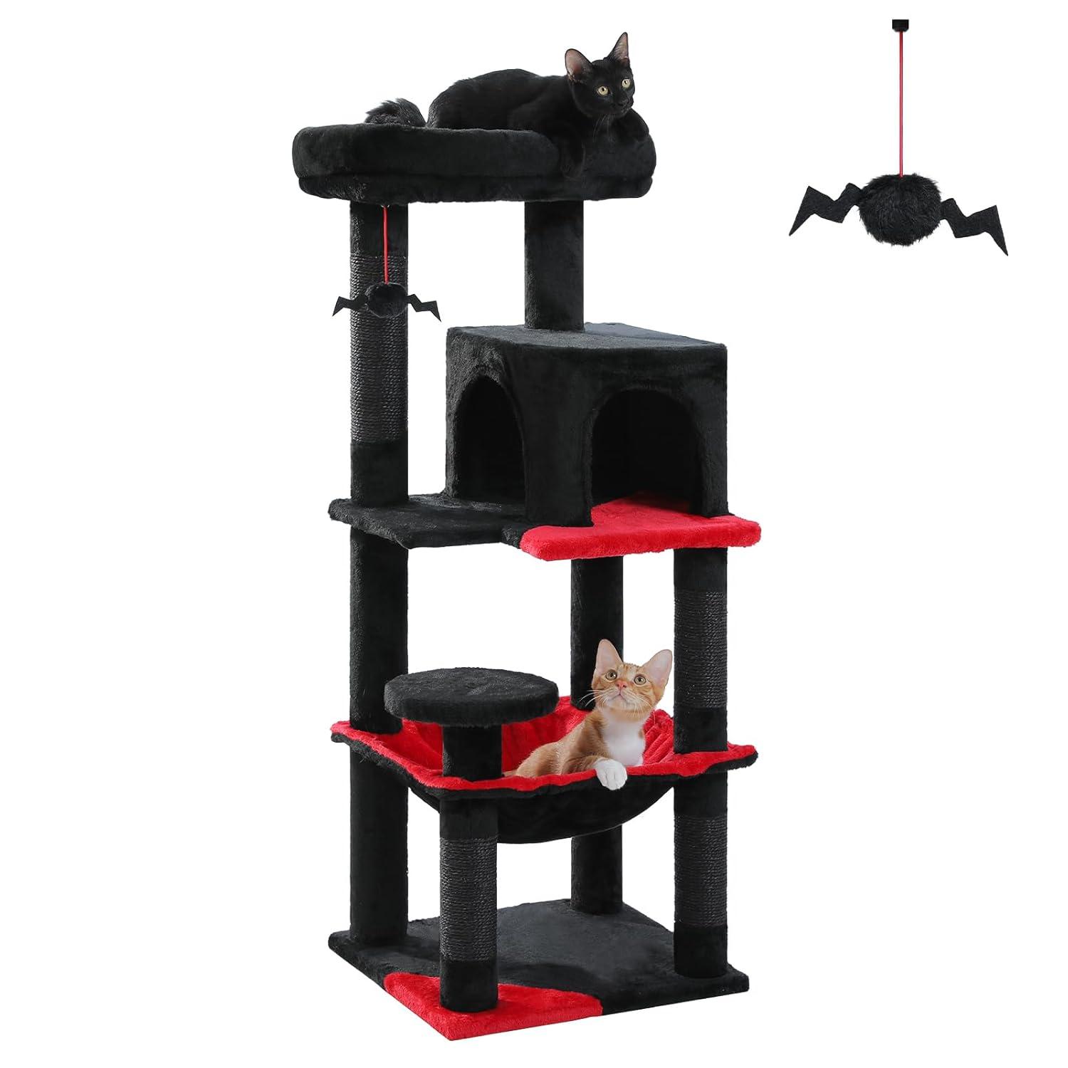 Gothic Cat Tree With Super Large Hammock, Cat Tower With Coffin Bed, Cat Condo, Sisal Scratching Posts & Top Perch, Multi-Level Goth Cat Tree, Halloween