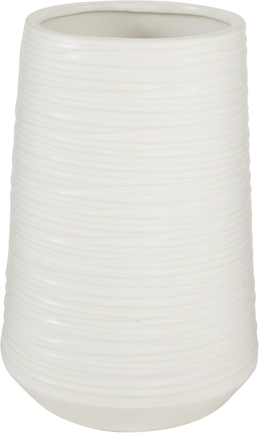 White Porcelain Ribbed Table Vase with Wide Opening