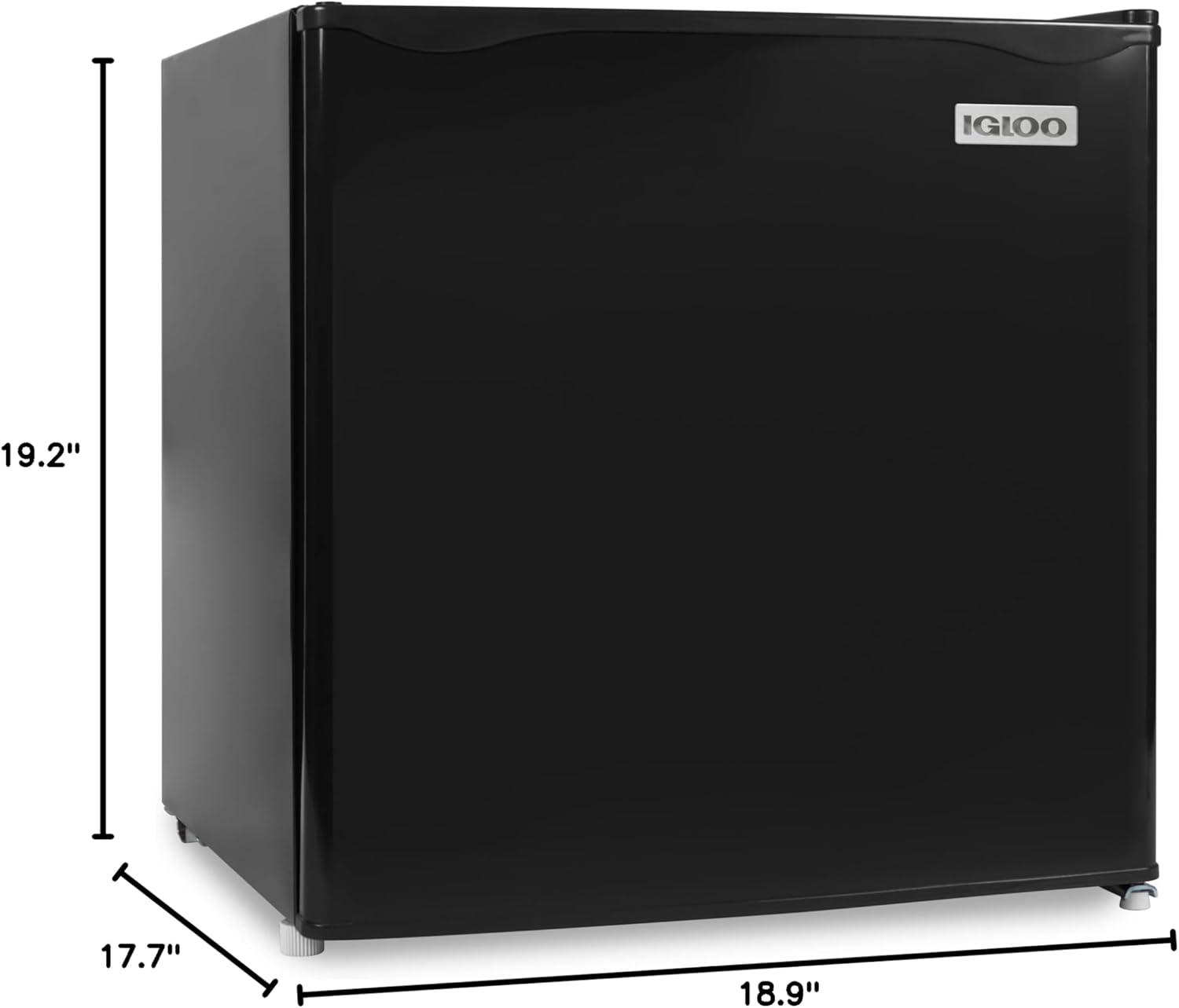 Igloo 1.6 Cu.Ft. Refrigerator With Freezer, adjustable thermostat, glass shelves, adjustable feet, includes ice scraper, ice cube tray, and freezer drip tray, Black