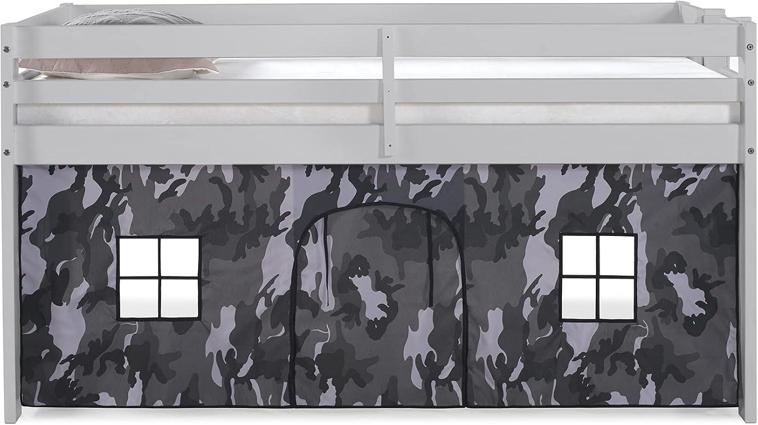 Alaterre Jasper Twin Junior Loft Bed, Dove Gray Frame and Gray Camouflage Bottom Playhouse Tent