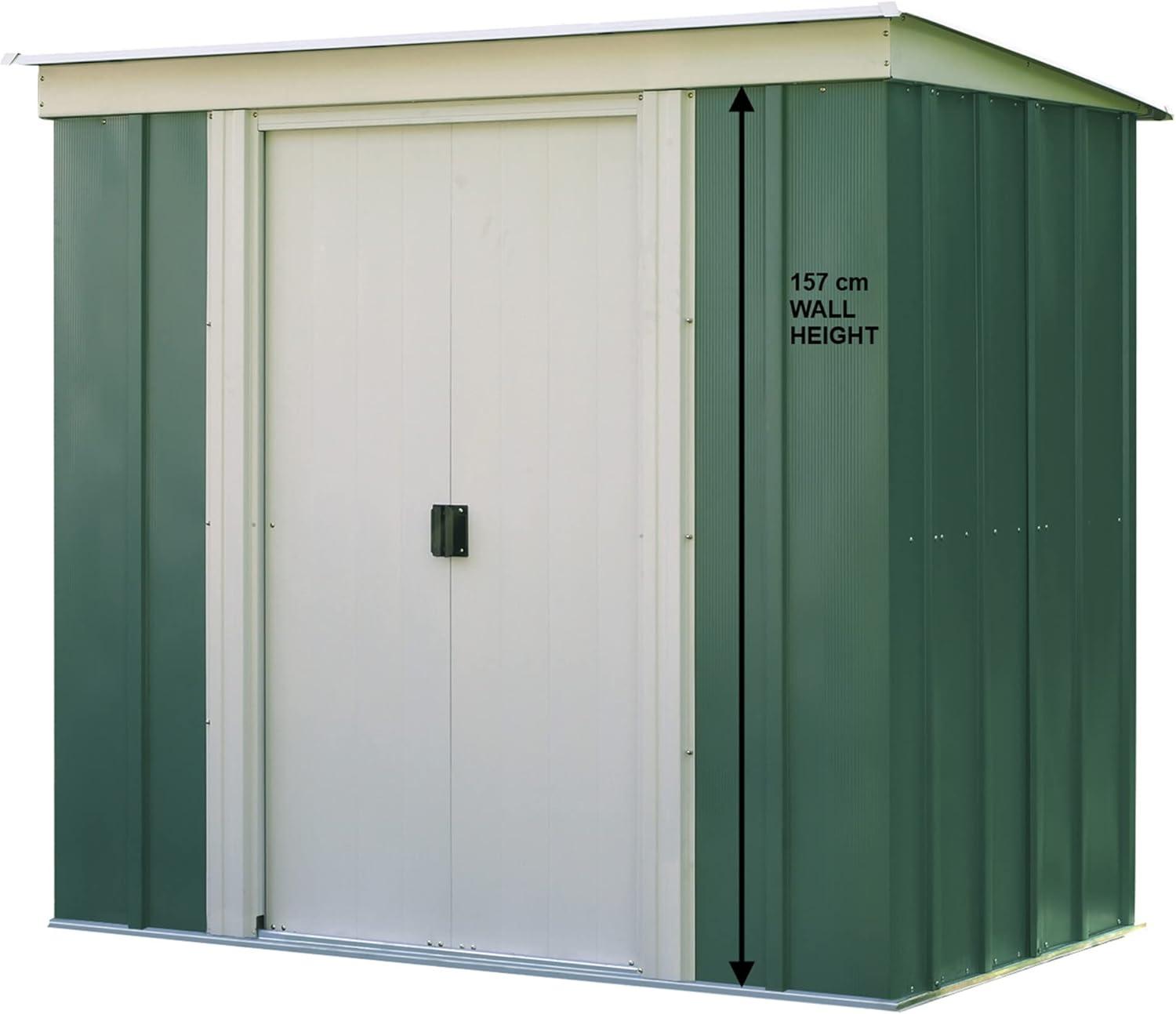 Eggshell and Green Steel Outdoor Storage Shed with Sliding Doors