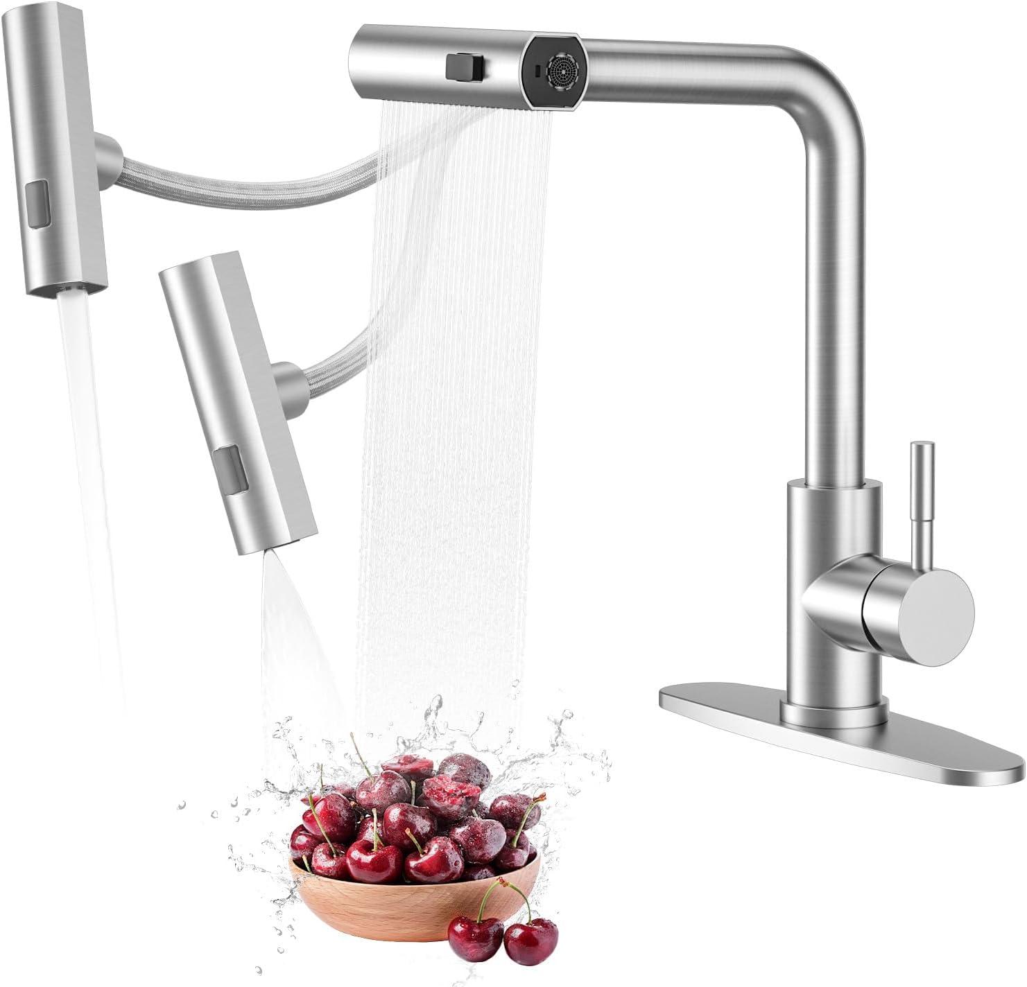 Luxury Waterfall Kitchen Faucet - Brushed Nickel Single Hole Sink Faucet with 3-Mode Pull-Out Sprayer, 360° Swivel, SUS304 Stainless Steel, High Arc, Easy Installation, Durable and Corrosion-Resistant