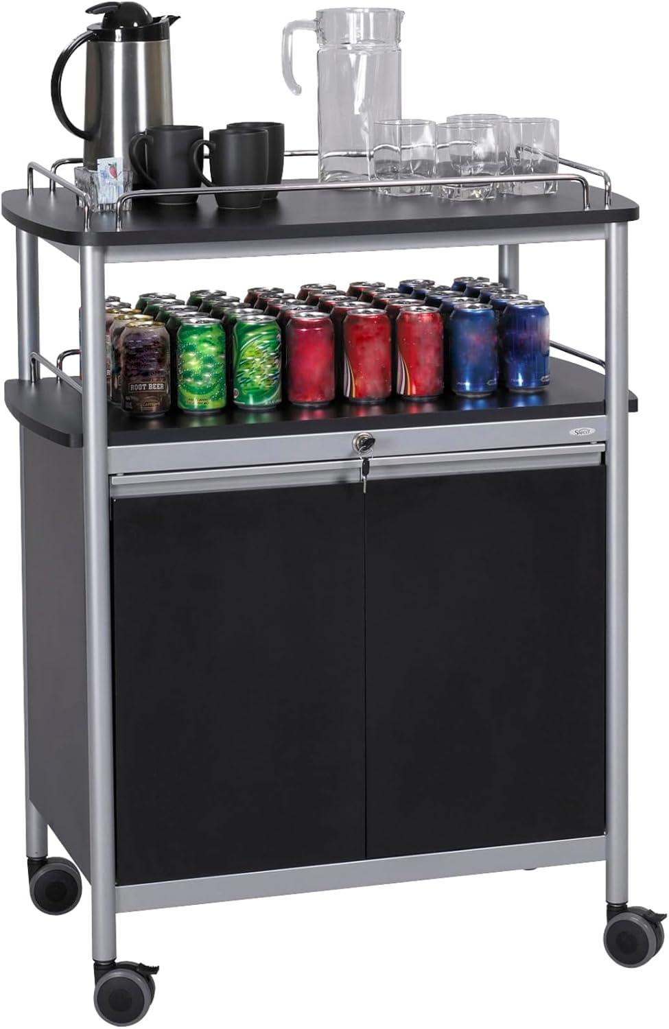 Black Melamine and Steel Beverage Cart with Storage and Wine Rack