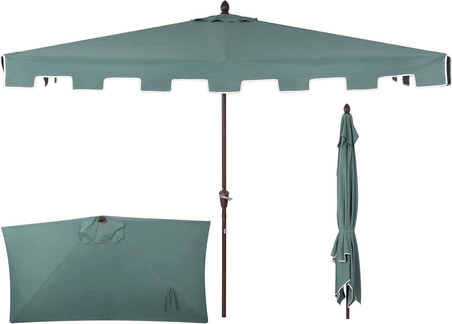 JONATHAN Y Sidney 9 ft. Classic MidCentury Rectangular Half Market Patio Umbrella with Crank, Wind Vent and UV Protection in Green/White