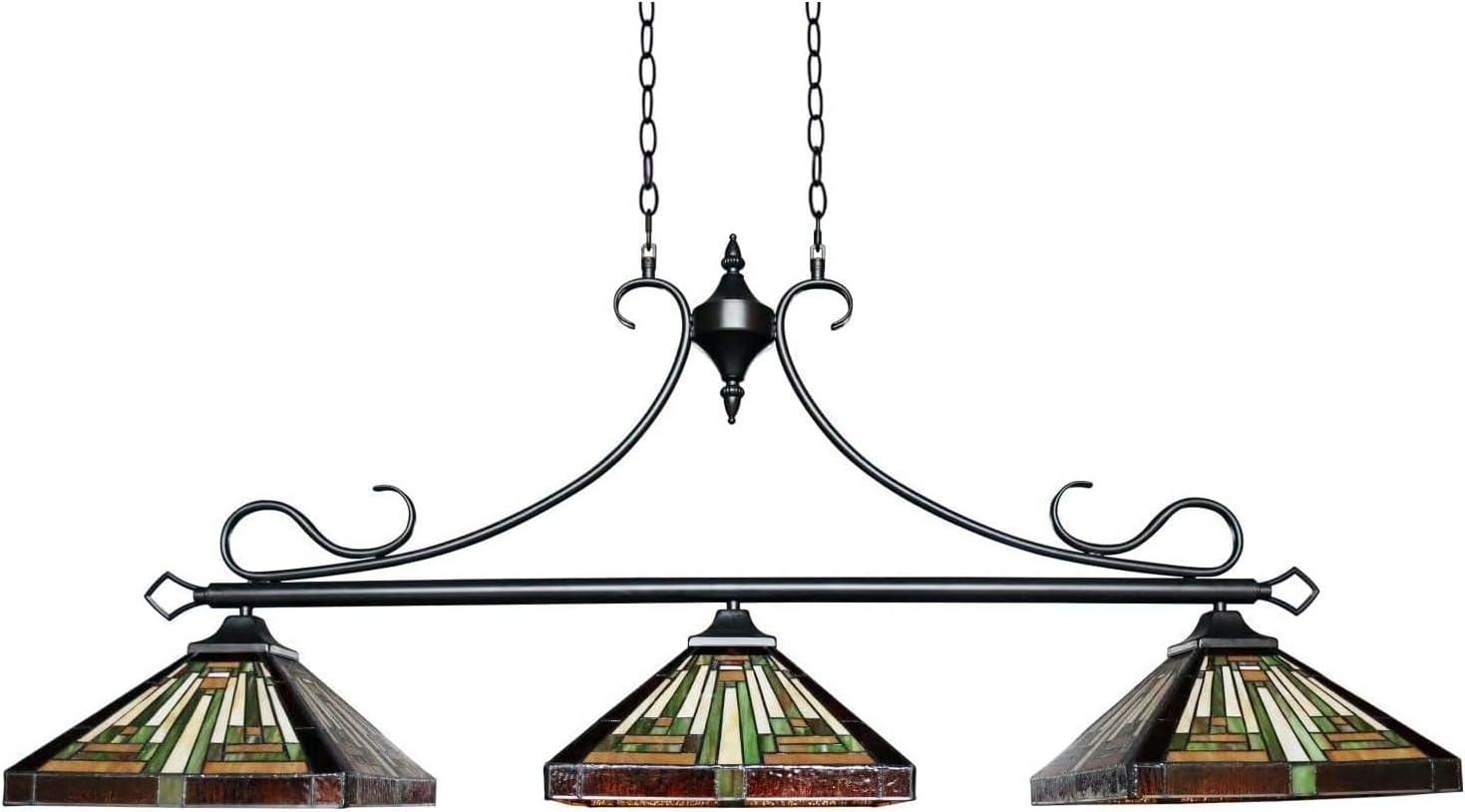 CHLOE Lighting INNES Mission Tiffany-Style Blackish Bronze 3 Light Island Pendant 47" Wide