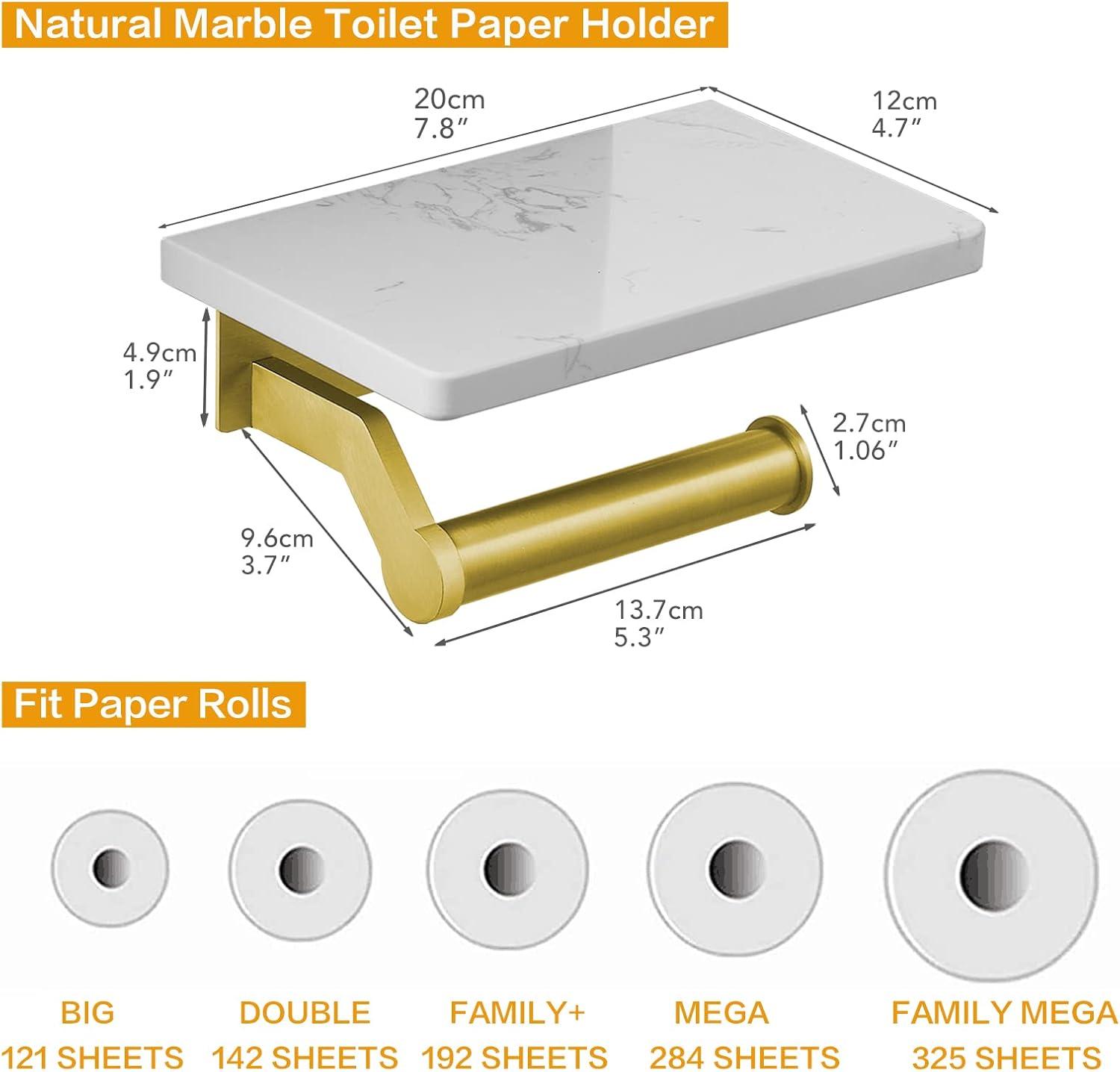 Brushed Gold Stainless Steel Toilet Paper Holder with White Marble Shelf