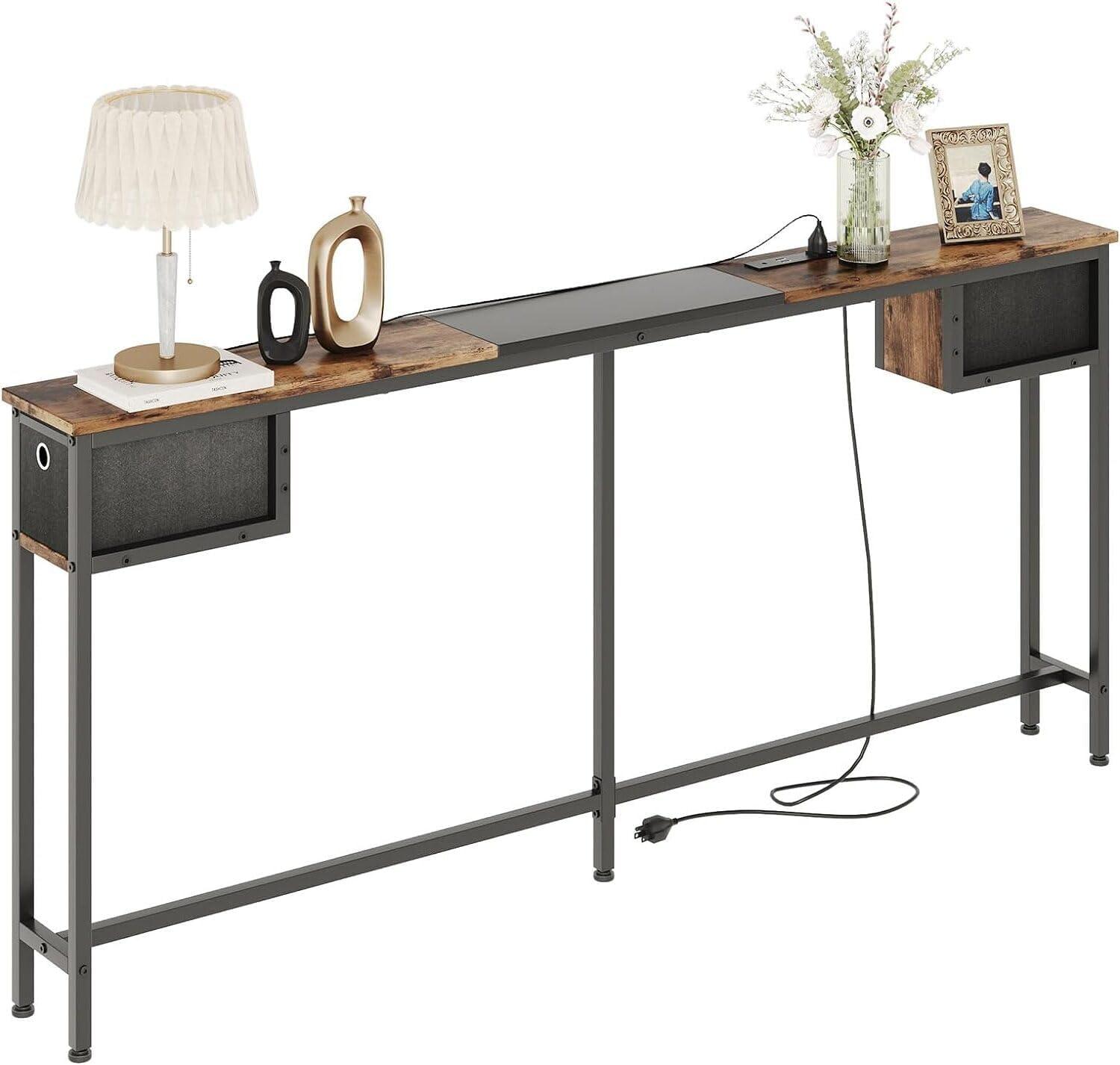 VASAGLE Narrow Console Table 70.9" with 2 Outlet and 2 USB Ports Sofa Table with Charging Station Long Entryway Table