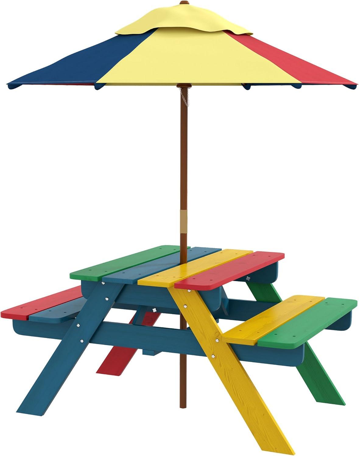 Outsunny Kids Picnic Table Set with Parasol, Wooden Outdoor Bench Set with Seating for 2 Children 3-6 Years Old, for Patio, Backyard, Indoor Use