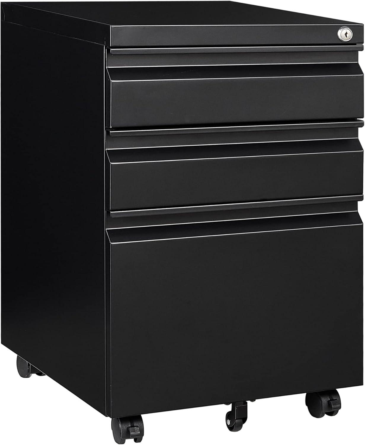 3 Drawer File Cabinet with Wheels, Metal Filing Cabinet with Lock, Office Rolling File Cabinets for A4/Legal/Letter Size, Assembly Required, Black