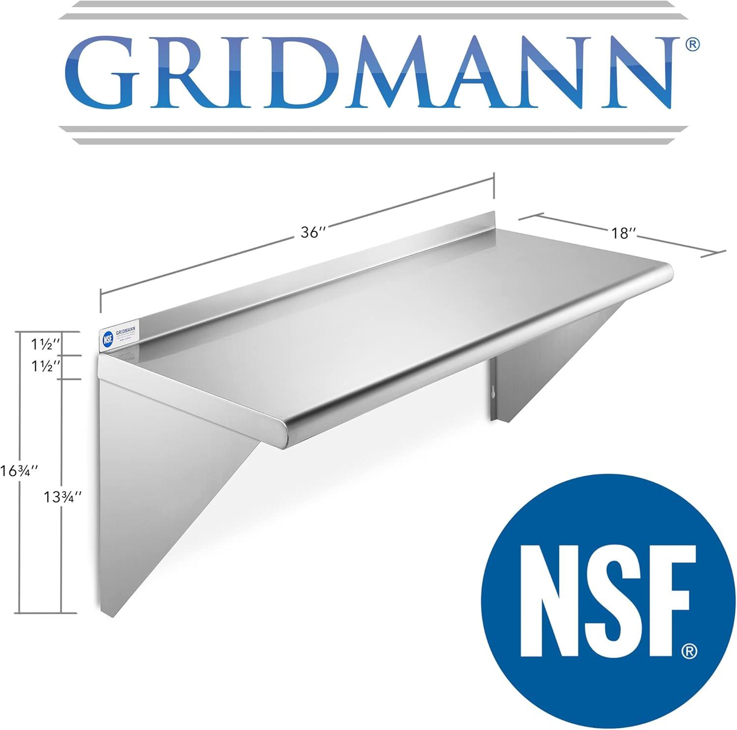 GRIDMANN 18" Deep Stainless Steel Kitchen Wall Mount Shelves with Backsplash - NSF Certified