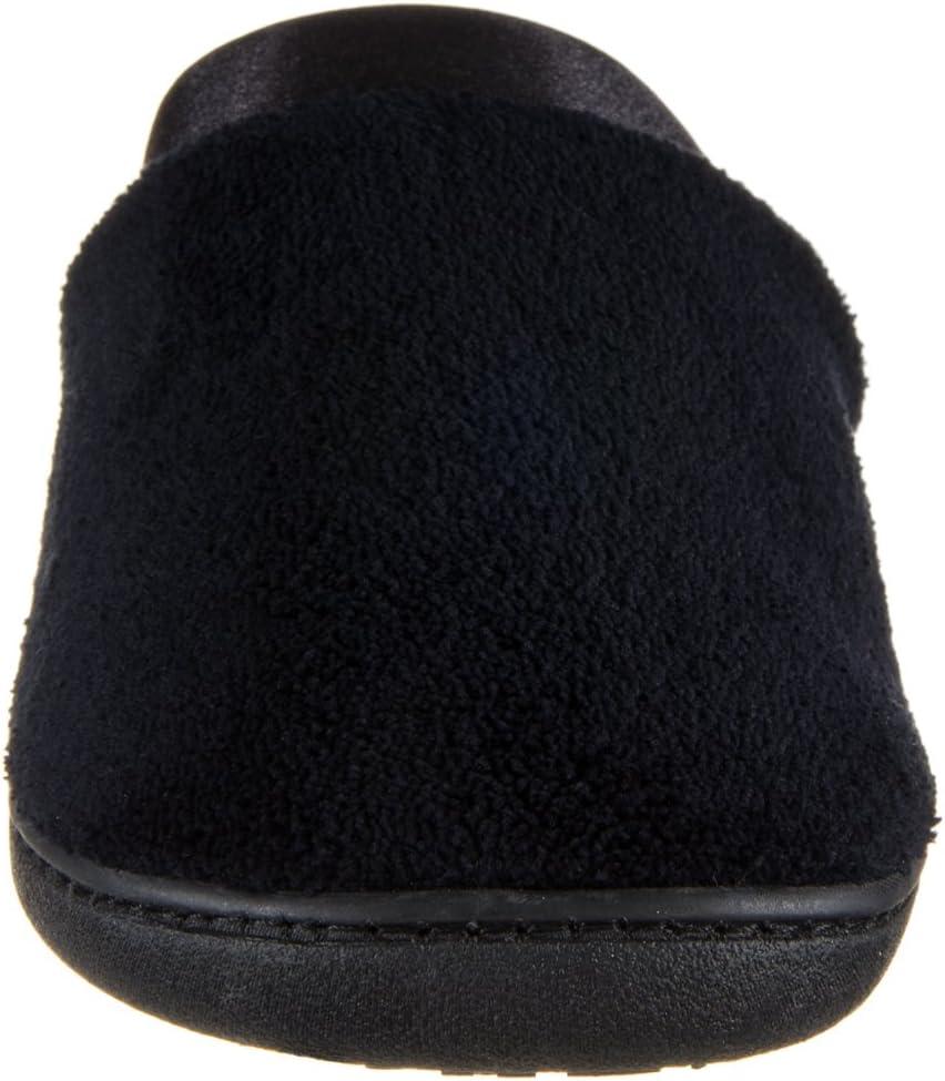 Isotoner Women's Terry and Satin Slip on Cushioned Slipper with Memory Foam for Indoor/Outdoor Comfort Flat Sandals BLK-8/9