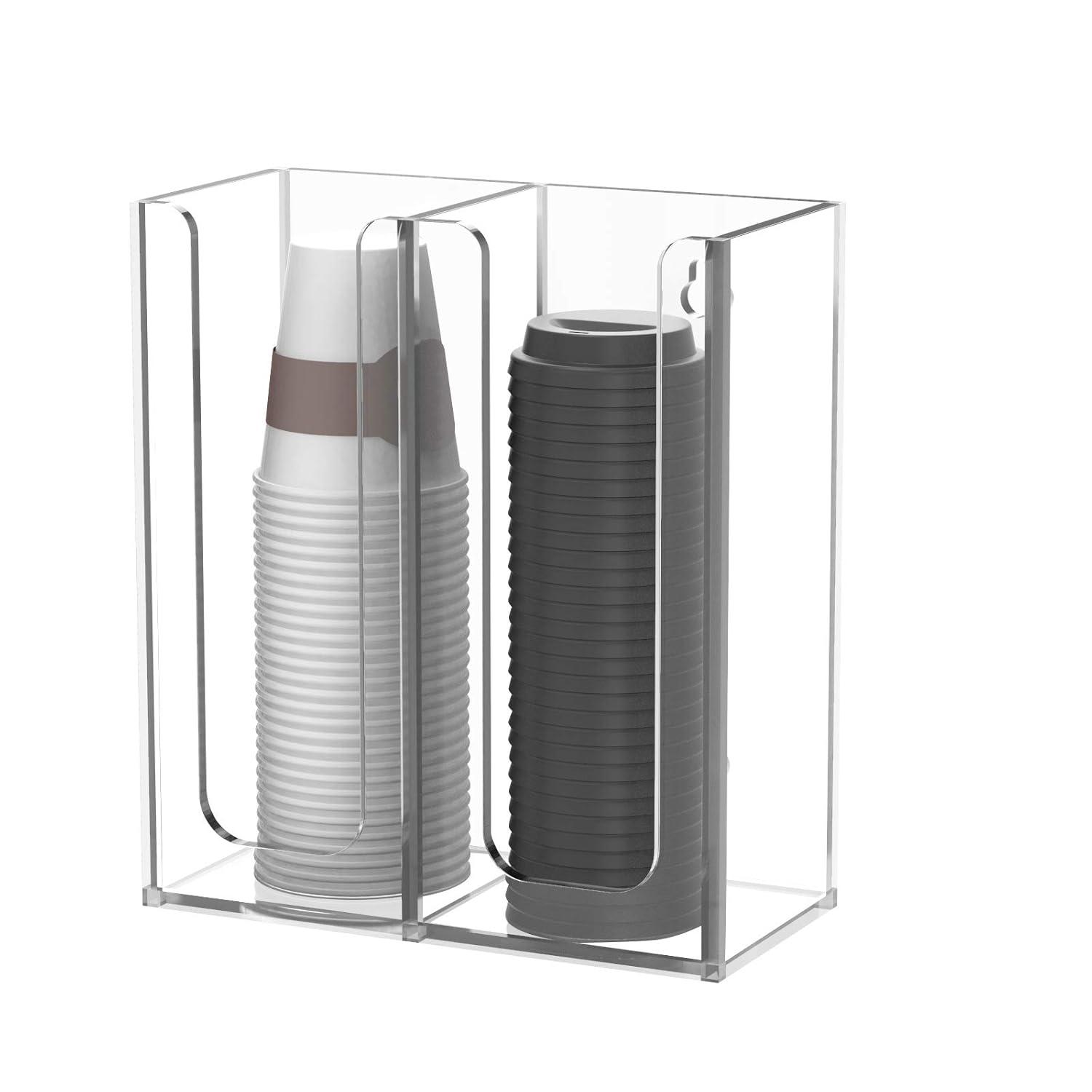 Richboom Acrylic Coffee Cup and Lid Storage Organizer Holder, 2 Compartments, Clear