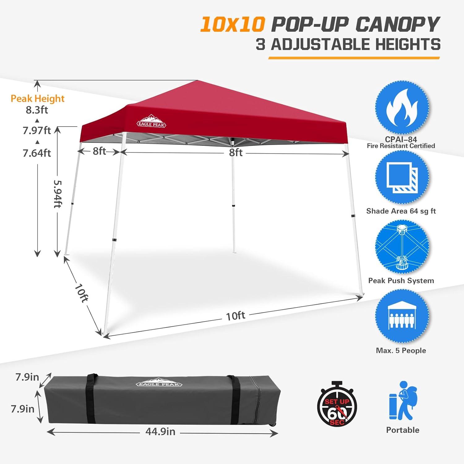 EAGLE PEAK Pop Up Canopies 10 Ft. W x 10 FT. D Metal Party Tent Canopy