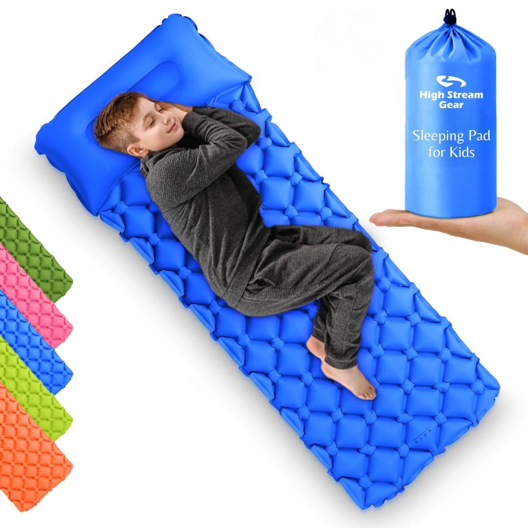 Kids Sleeping Pad for Camping and Sleepovers with Pillow, Inflatable Camping Mattress for Backpacking & Travel, Thick Toddler Cot Mat, Fast Inflating Camping Sleeping Pads for Kids