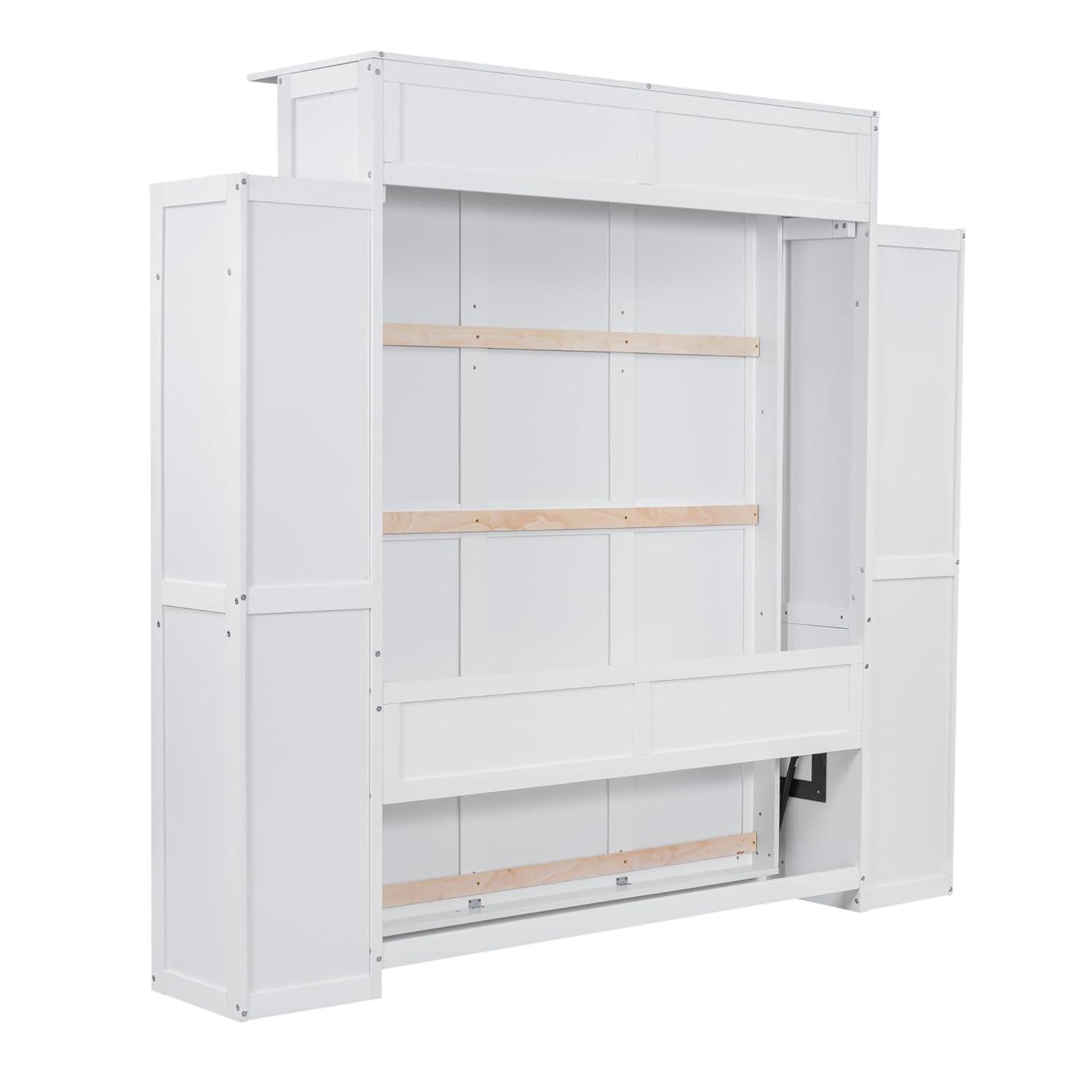 Queen Size Murphy Bed Wall Bed with Shelves and LED Lights,Wood Wall Bed can be Folded into a Cabinet,Modern Foldable Frame for Multipurpose Guest Room or Home Office (White@095)