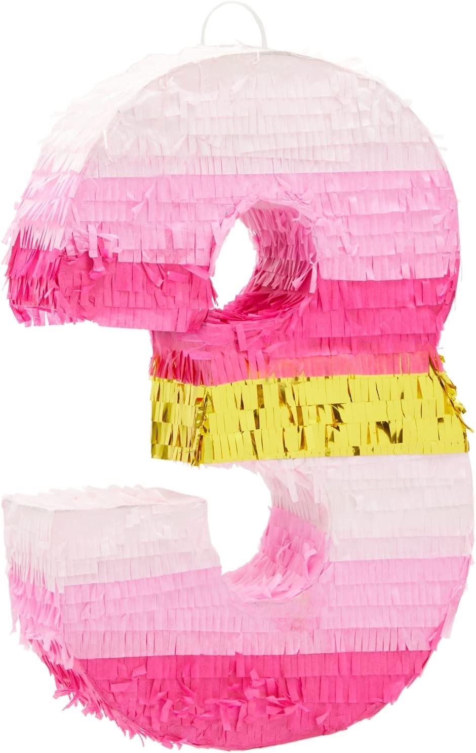 Blue Panda Small Pink Gold Foil Number 3 Pinata for Kids 3rd Birthday Party, 16.5 x 11 Inches