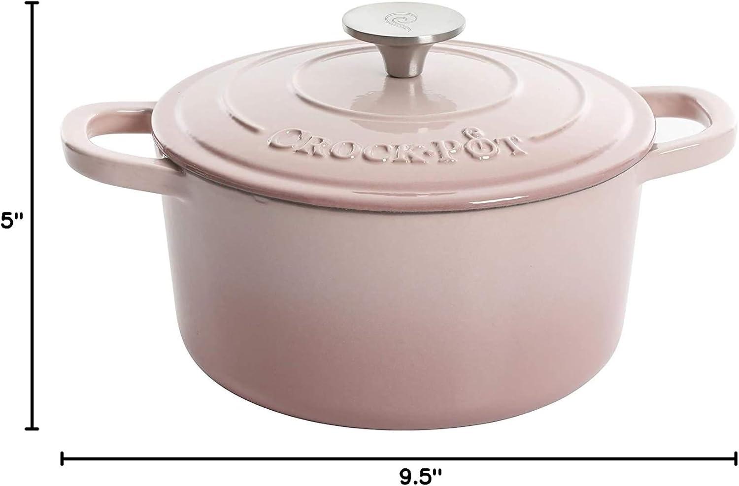 Crock-Pot 5 Quart Round Enamel Cast Iron Covered Dutch Oven Cooker, Blush Pink