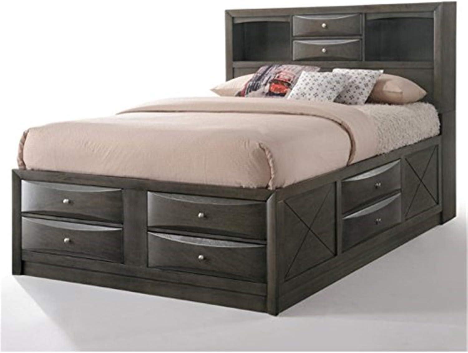 Gray Oak Upholstered King Captain's Bed with Bookcase Storage