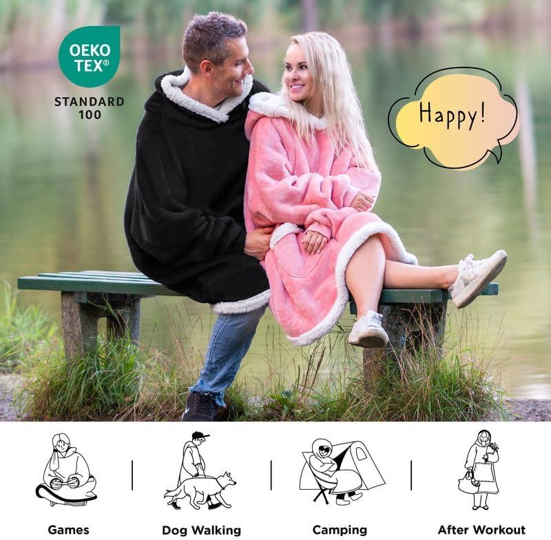 Bedsure Blanket Hoodie, Wearable Blanket for Adults & Kids as Gifts for Women Men, Birthday Gifts for Women Mom Girl Sherpa Oversized Hoodie, Black, Standard