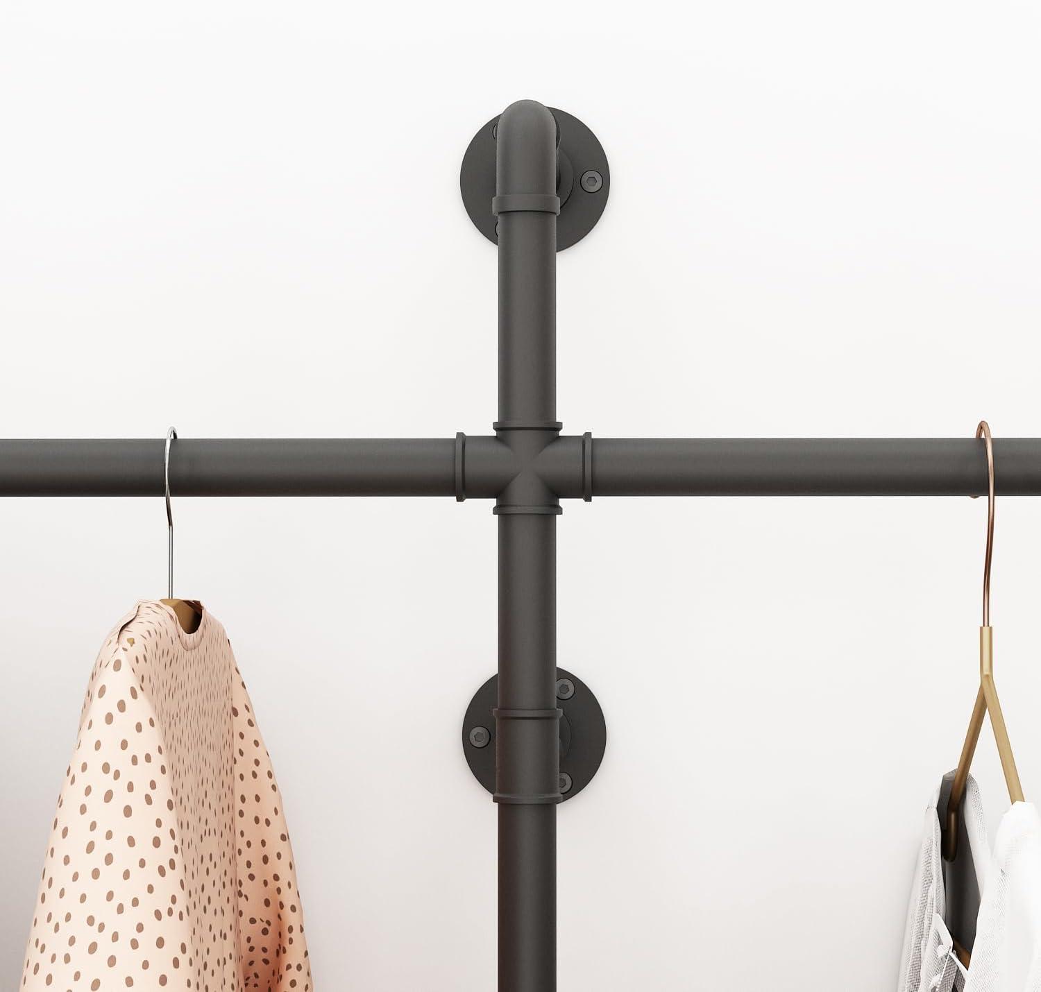 Industrial Pipe Clothes Rack Wall Mounted Clothing Rack,Heavy Duty Iron Pipe Garment Rods,Detachable Multi-Purpose Clothing Hanging Rod/Garment Bar, Black