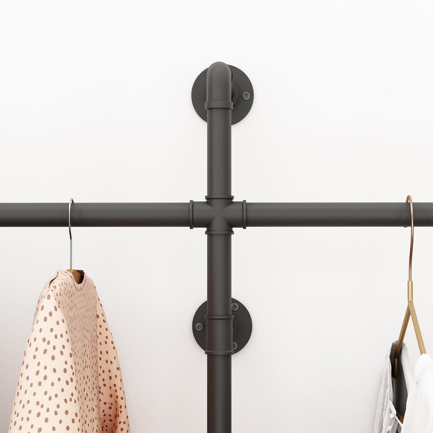 Industrial Pipe Clothes Rack Wall Mounted Clothing Rack,Heavy Duty Iron Pipe Garment Rods,Detachable Multi-Purpose Clothing Hanging Rod/Garment Bar, Black