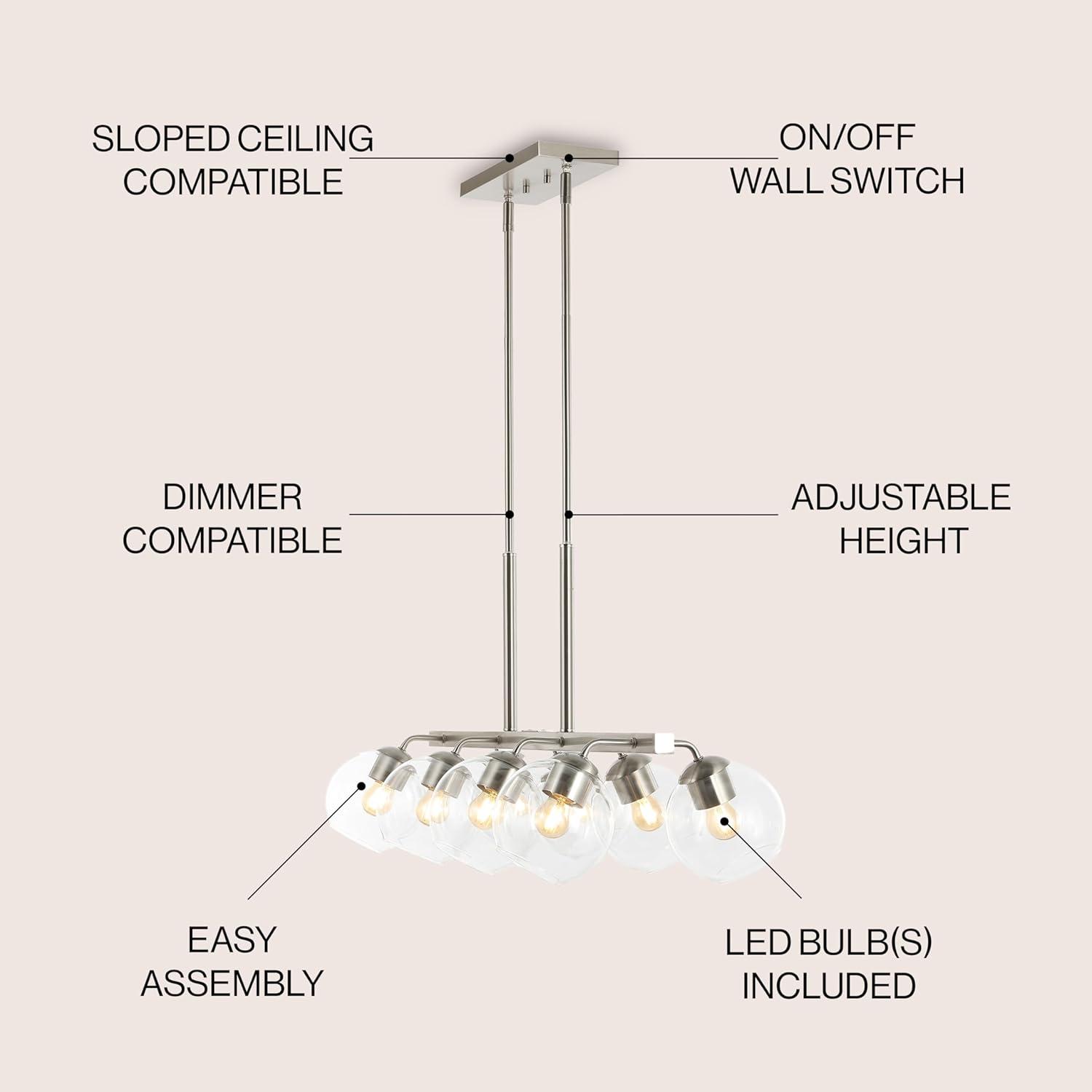 Julian 33.5" 8-Light Farmhouse Bohemian Iron/Glass Linear LED Pendant, Nickel/Clear