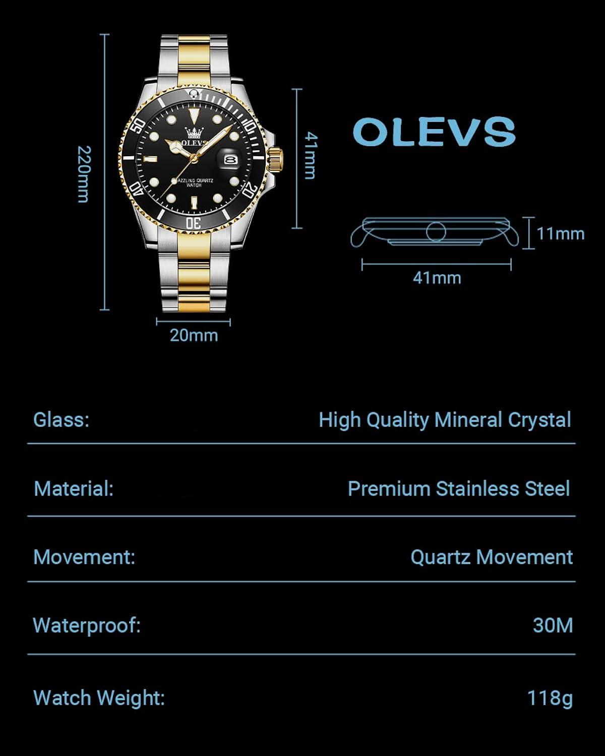 OLEVS Men Watch,Big Dial Watches for Men Stainless Steel Watch with Day Waterproof Analog Quartz Watches for Man Classic Business Wristwatch Luxury Luminous Round for Men Rotatable Bezel Watch