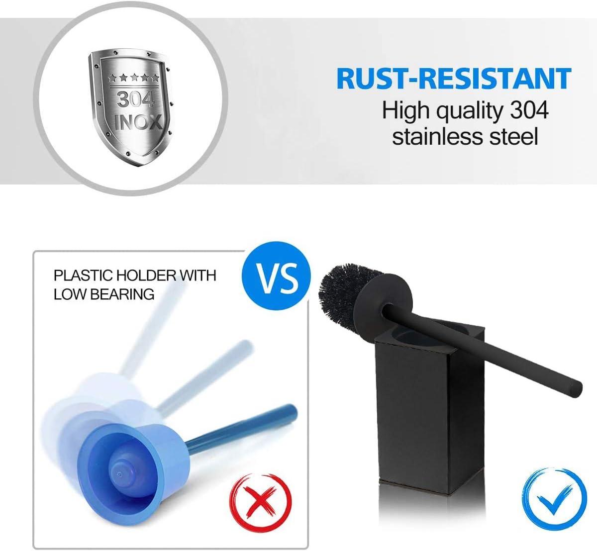 Stainless Steel Toilet Brush & Holder,Wall-Mounted, long handle,Square Toilet Brush Set,Heavy Duty Cleaner for Bathroom, with Removable Plastic Brush (Black)