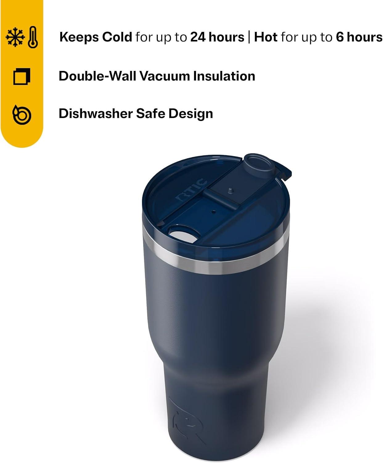 RTIC 40 oz Ceramic Lined Insulated Essential Tumbler, Leak-Resistant Lid, Navy