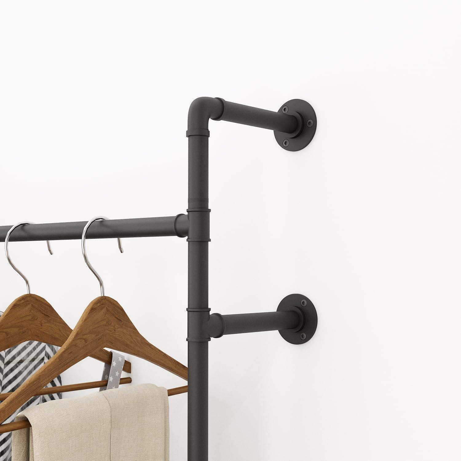 Industrial Pipe Clothes Rack Wall Mounted Clothing Rack,Heavy Duty Iron Pipe Garment Rods,Detachable Multi-Purpose Clothing Hanging Rod/Garment Bar, Black