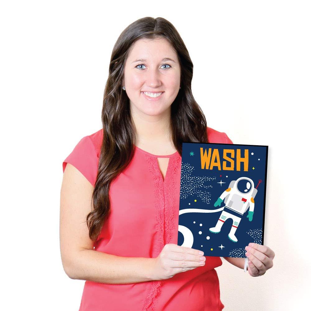 Big Dot of Happiness Blast Off to Outer Space - Kids Bathroom Rules Wall Art - 7.5 x 10 inches - Set of 3 Signs - Wash, Brush, Flush