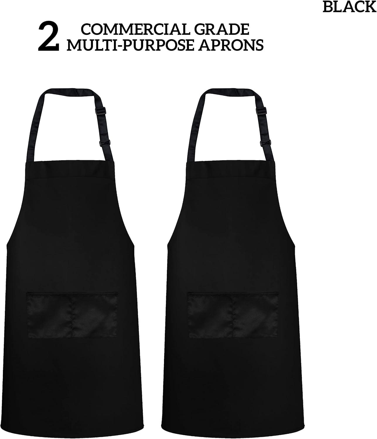 GREEN LIFESTYLE 2 Pack Bib Apron - Unisex Black Aprons, Machine Washable Aprons for Men and Women, Kitchen Cooking BBQ Aprons Bulk (Pack of 2, with Pockets, Black)