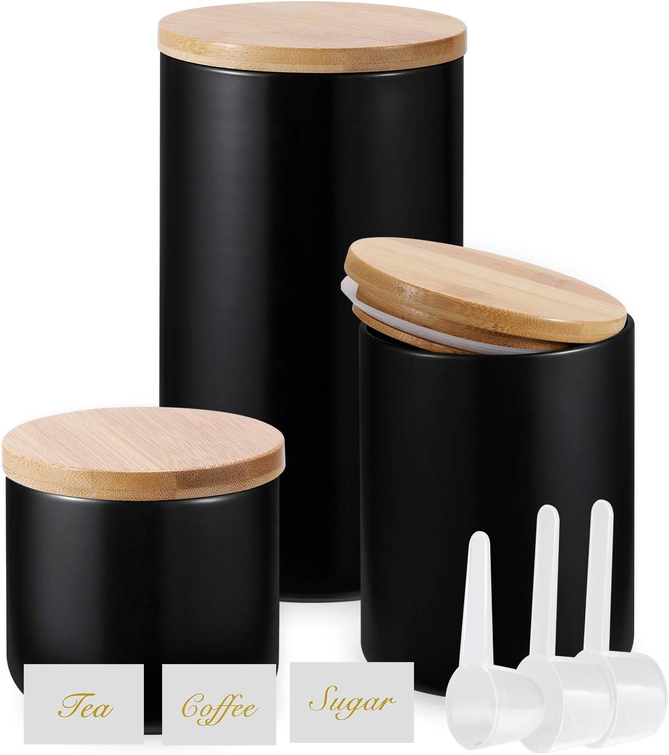 Black Ceramic Kitchen Canister Set with Bamboo Lids and Spoons