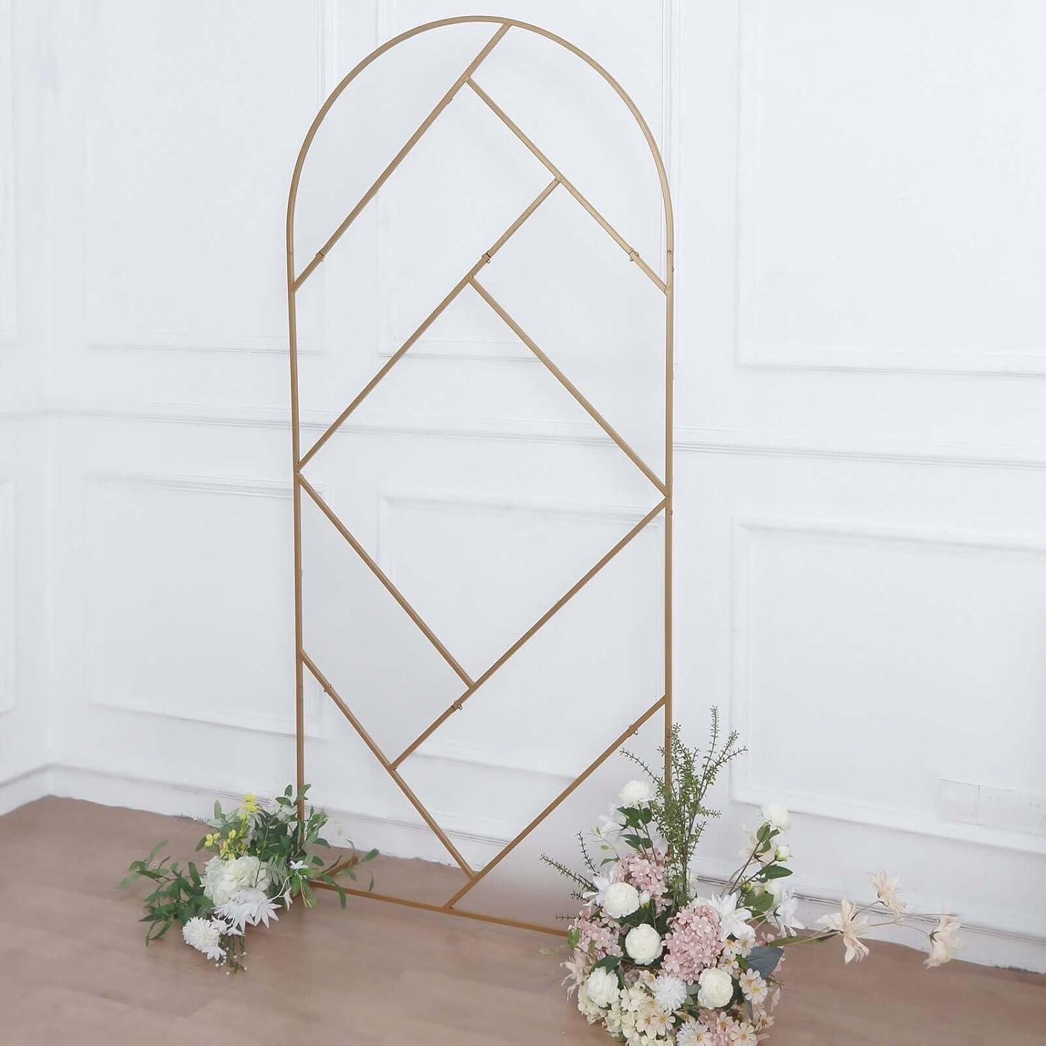 Efavormart 7ft Tall Gold Metal Geometric Wedding Backdrop Rectangle Floor Stand, Flower Stand Doorway Wall Prop With Cloudy Film Insert for Weddings, Showers, Party, Centerpiece Decorations