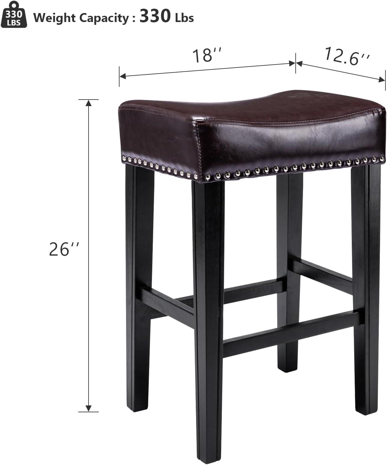 Bar Stools Set of 2, 26" Faux PU Leather Upholstered Counter Height Backless Saddle Stools with Nailhead Trims and Solid Wood Legs Farmhouse Island Chairs for Kitchen Dining Room Pub, Gray