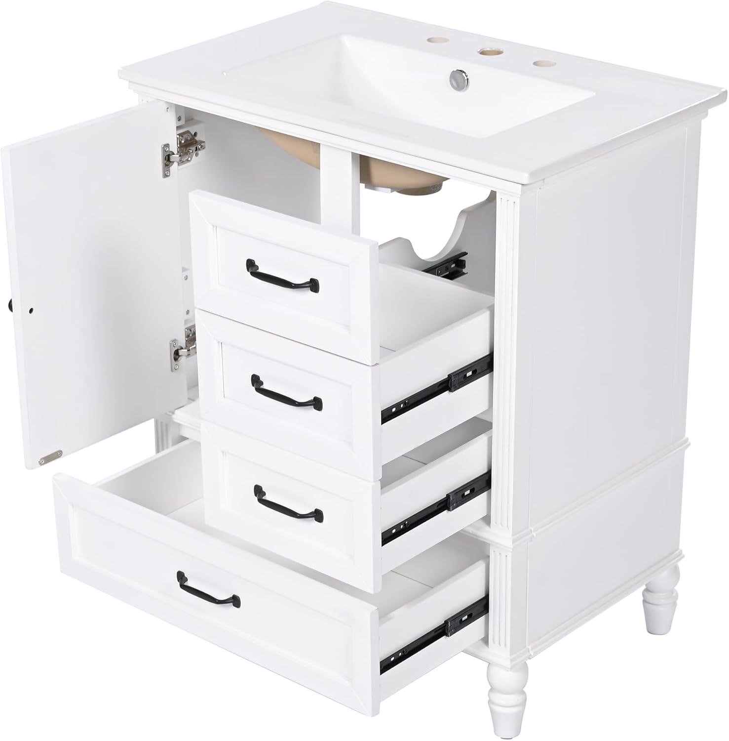 KEAIDO 30" Bathroom Vanity with Sink, Bathroom Storage Cabinet with 3 Drawers and a Door, Freestanding Bathroom Vanity with Solid Wood Legs & MDF Board