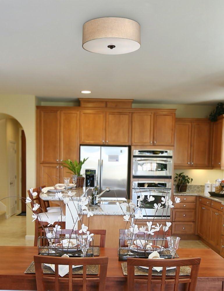 Bronze Flush Mount Ceiling Light with Oatmeal Drum Shade