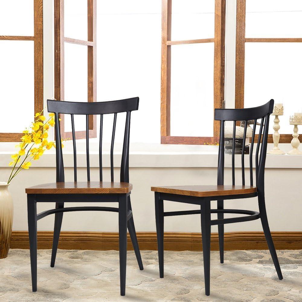 Black Metal High Back Slat Side Chair Set with Wood Seat