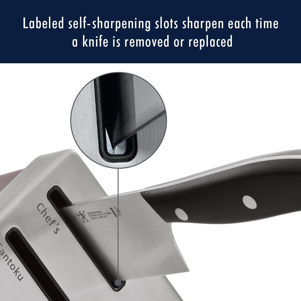 Henckels Statement Self-Sharpening Knife Set with Block, Chef Knife, Paring Knife, Bread Knife, Steak Knife, 14-piece, Dark Brown, Stainless Steel