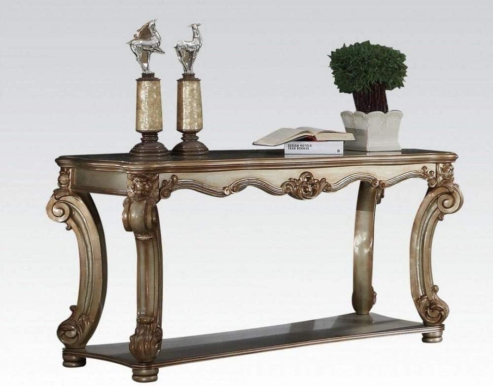 Wood Sofa Table with Bottom Shelf in Golden Brown- Saltoro Sherpi