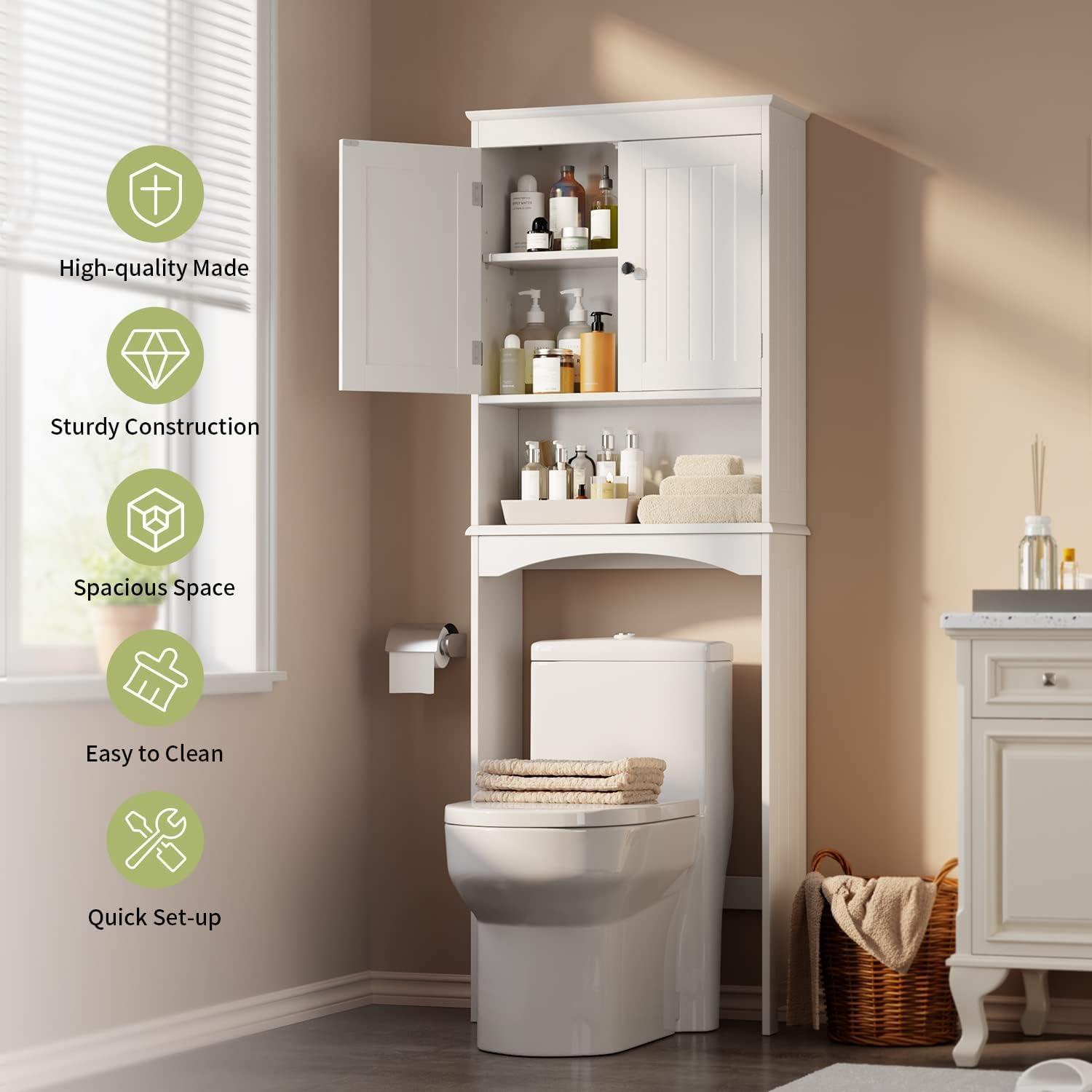 Aiho 66.1" over the Toilet Storage Cabinet with Adjustable Shelf and Open Storage Shelf, Freestanding - White