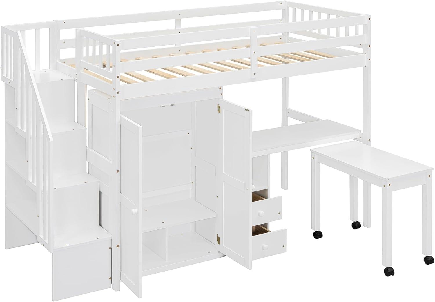Harper & Bright Designs Twin Size Loft Bed with Stairs and Bookshelf, Wood Twin Storage Bed with Desk & Wardrobe, Space-Saving Multifunctional Furniture for Kids & Teens - White