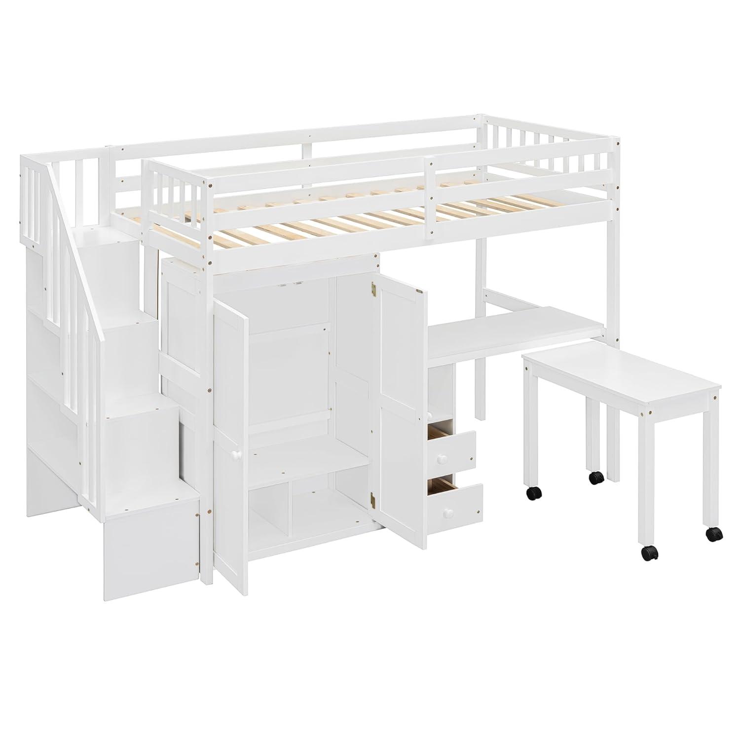 Harper & Bright Designs Twin Size Loft Bed with Stairs and Bookshelf, Wood Twin Storage Bed with Desk & Wardrobe, Space-Saving Multifunctional Furniture for Kids & Teens - White