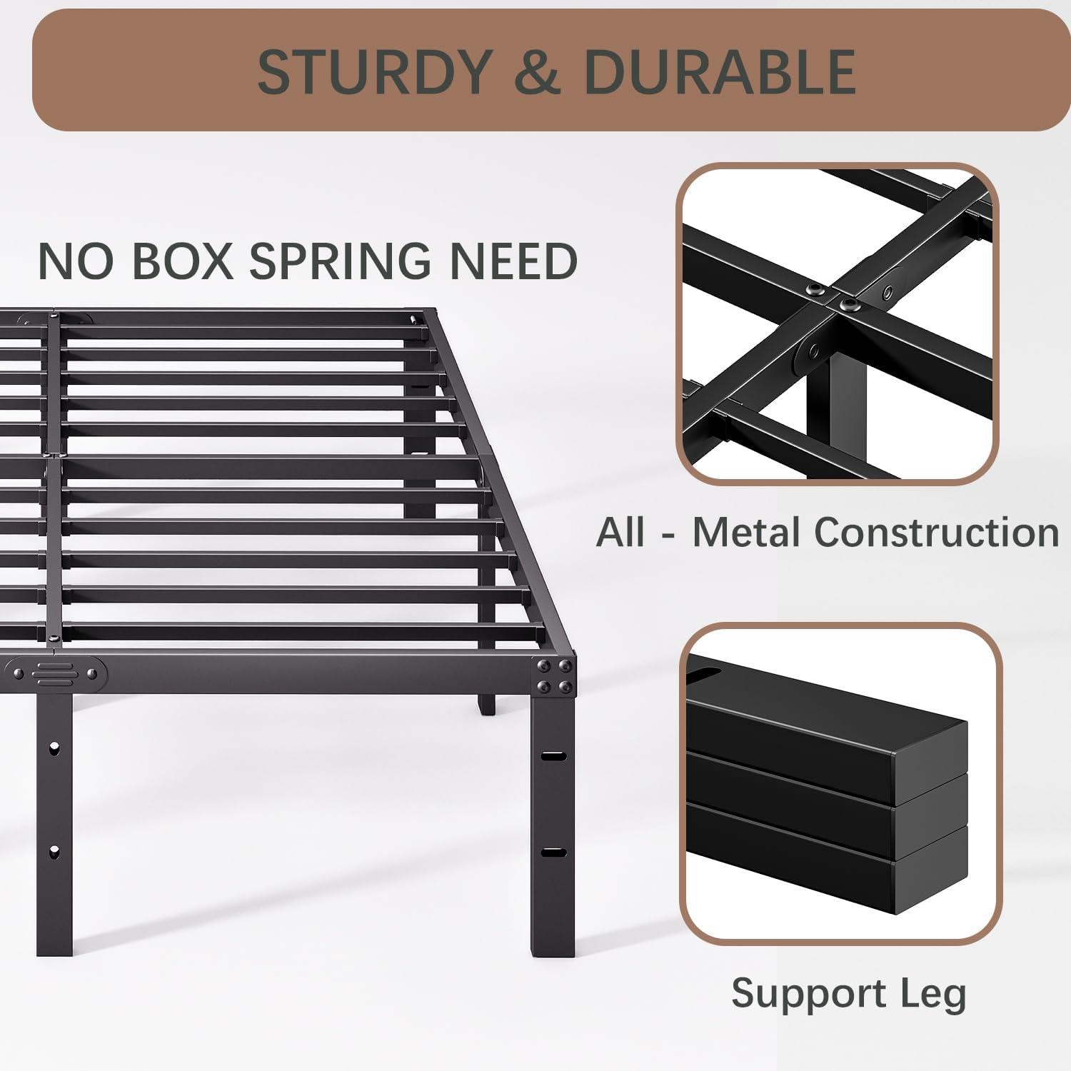 Twin Metal Bed Frame - 16 Inch Tall, No Box Spring Needed, Heavy Duty Platform With Storage Space, Sturdy Non-Slip Noiseless