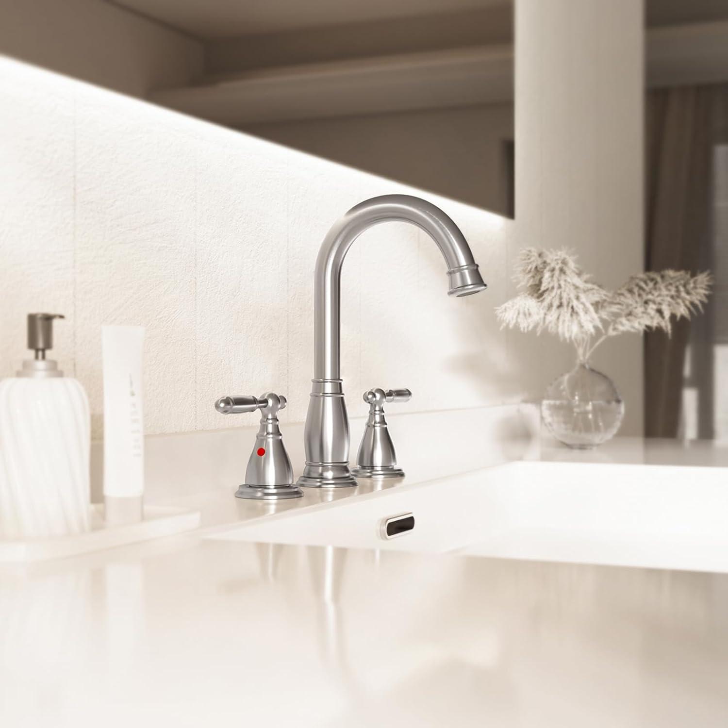 Phiestina 3-Hole 8 inch 2-Handle Brushed Nickel Widespread Bathroom Faucets with Valve and Metal Pop-Up Drain Assembly, WF017-4-BN