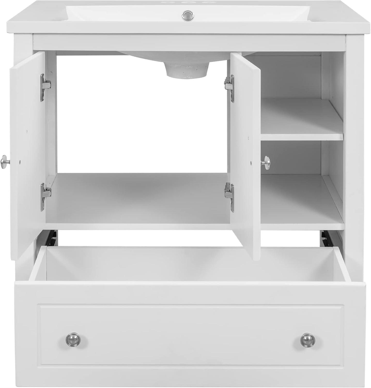 White 30" Freestanding Bathroom Vanity with Ceramic Sink and Storage