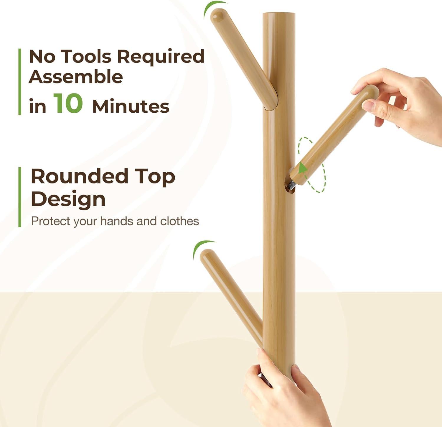 GREENSTELL Coat Rack with 8 Hooks, Wooden Coat Rack Freestanding with Shelf, Coat Tree with 4 Height Options 50.5"-72.6", Coat Hanger Stand for Bags, Clothes, Umbrellas, Hats, in Home, Natural