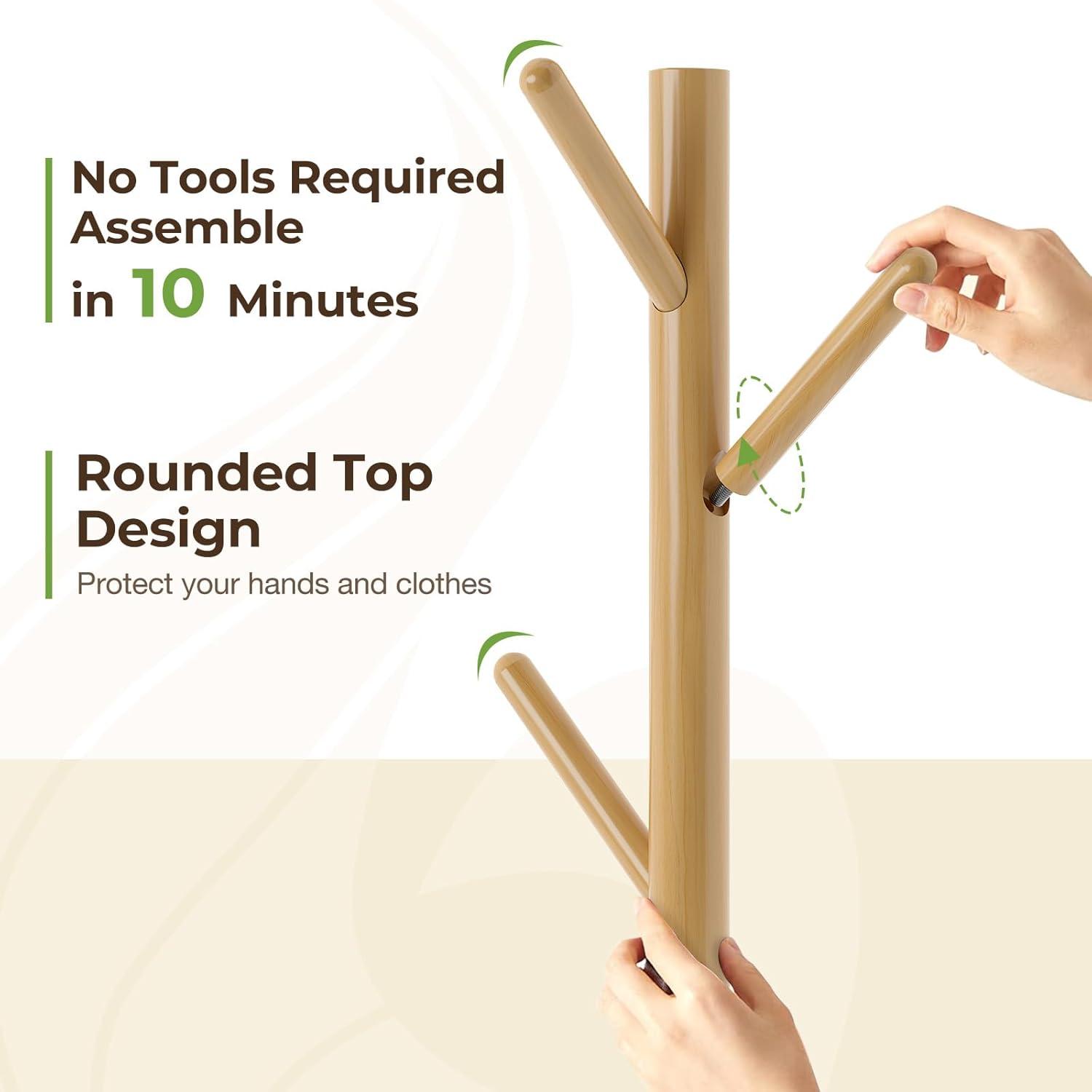 GREENSTELL Coat Rack with 8 Hooks, Wooden Coat Rack Freestanding with Shelf, Coat Tree with 4 Height Options 50.5"-72.6", Coat Hanger Stand for Bags, Clothes, Umbrellas, Hats, in Home, Natural