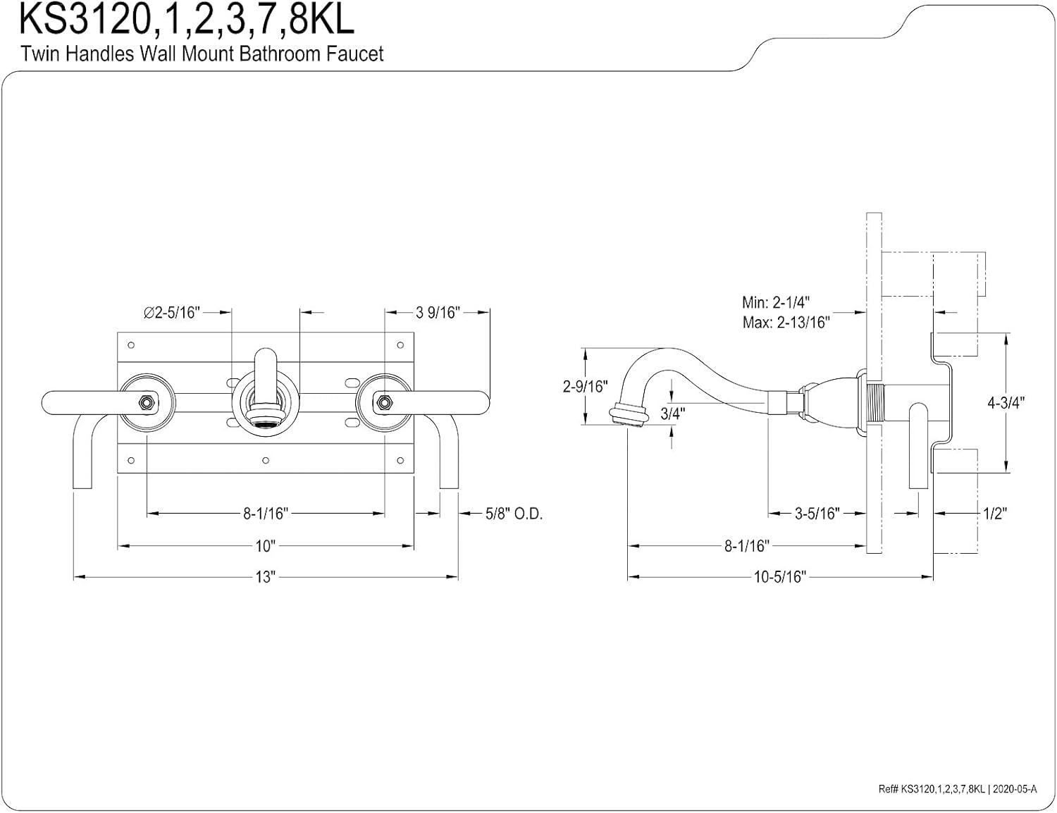 Kingston Brass Whitaker Two-Handle 3-Hole Wall Mount Bathroom Faucet